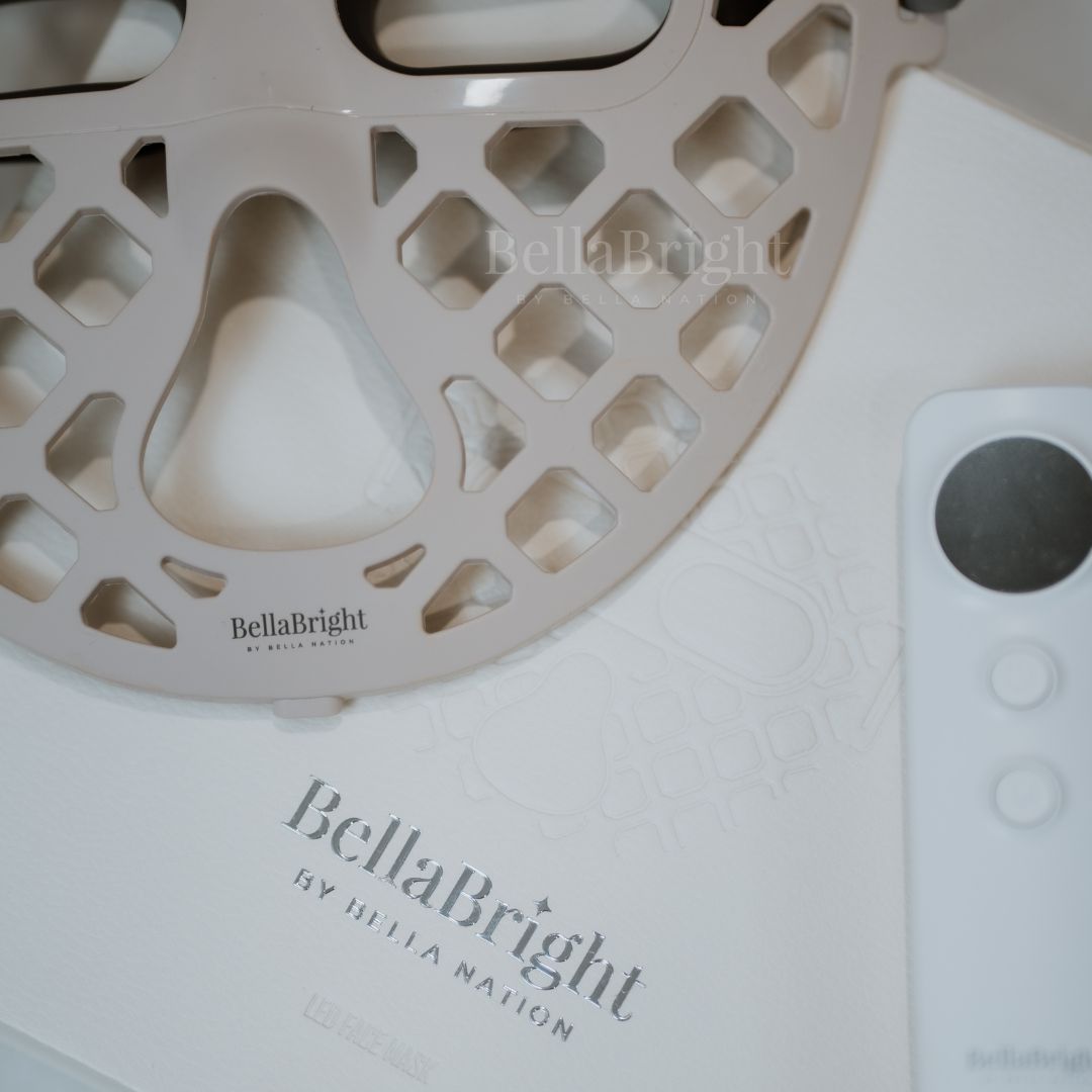Close-up of the BellaBright LED Light Therapy Face Mask packaging, displaying the mask and its components with the BellaBright logo visible.